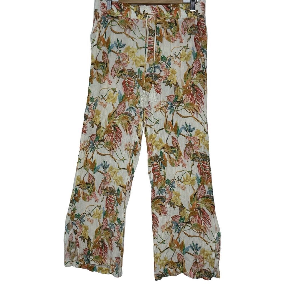 Rose + Olive Floral Tropical Palazzo Pants Wide Leg High Rise Women Size Medium